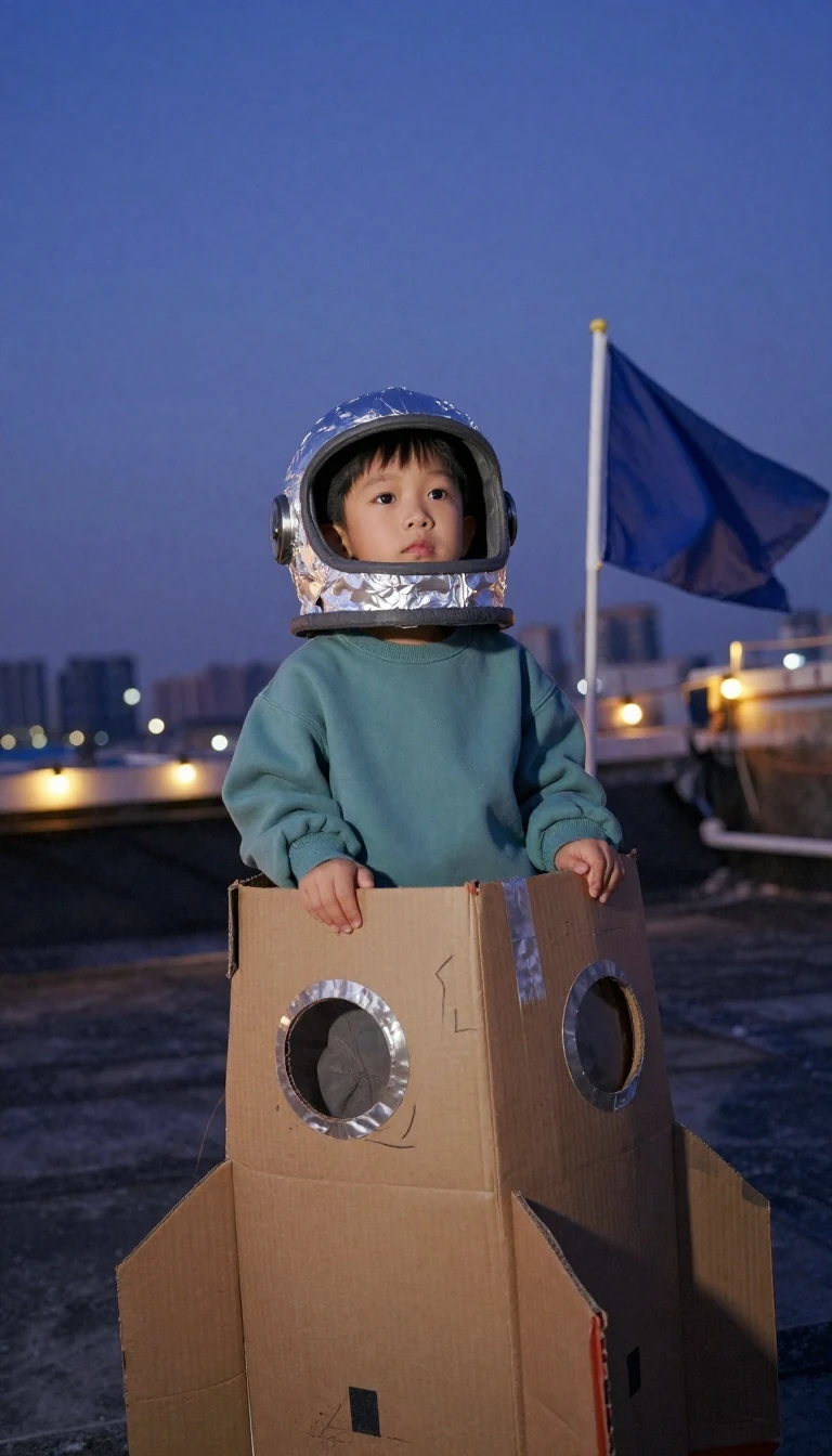 1. Rooftop Cardboard Astronaut at Dusk
